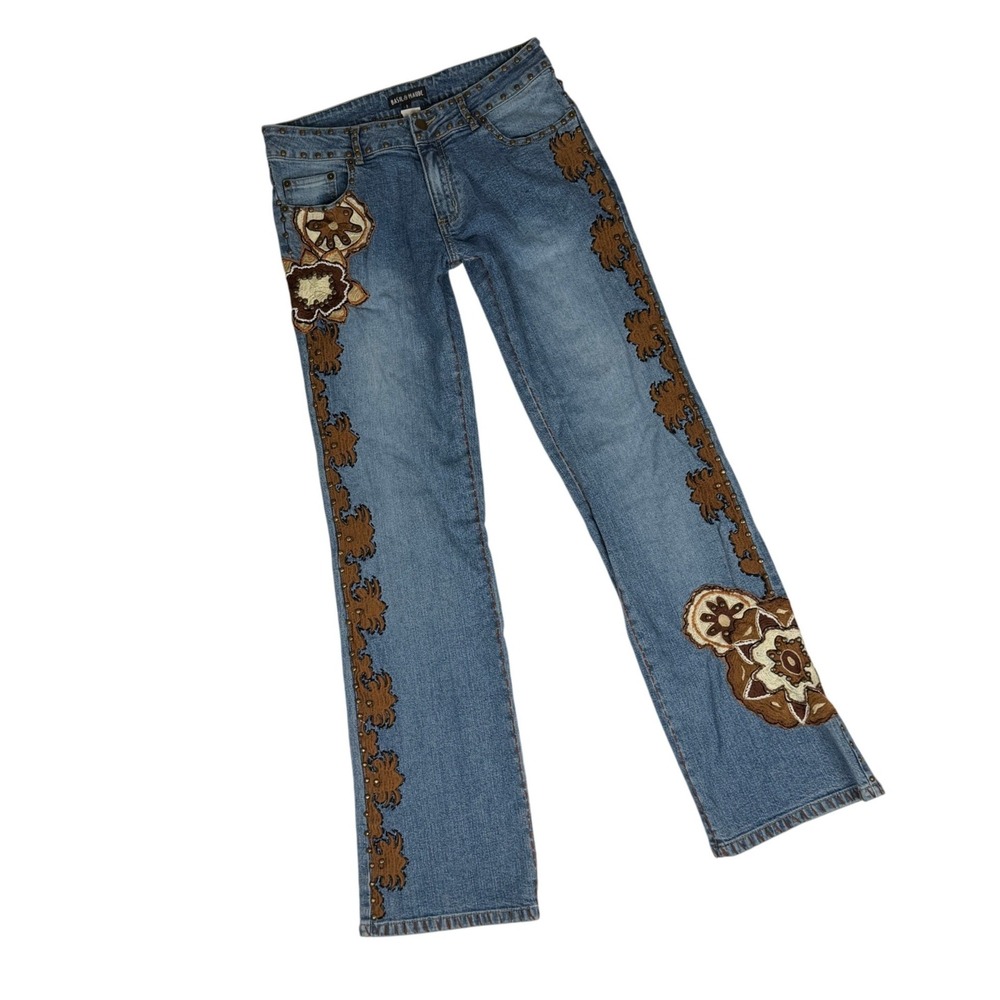 Basil & Maude Jeans Womens 6 Blue Embroidered Studded Y2K Low Rise Bootcut Long